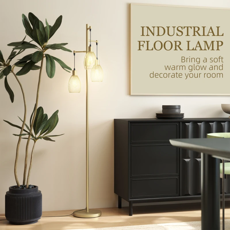 HOMCOM Industrial Floor Lamp with 3 Hanging Wire Lampshades, Dimmable Standing Lamp for Living Room, Gold