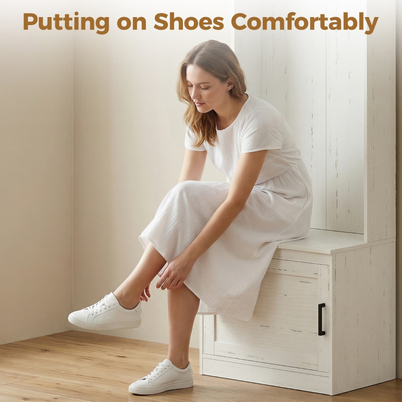 HOMCOM Modern Hall Tree with Shoe Storage Bench, Coat Rack and Shelves, White