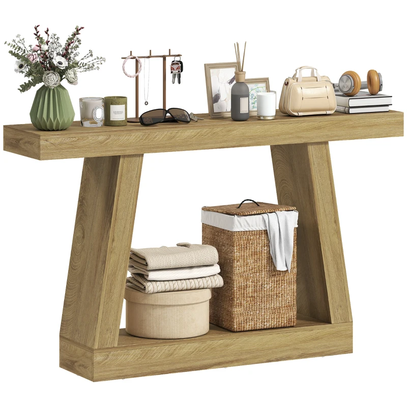 HOMCOM 55" Farmhouse Console Table, 2-Tier Entryway Table with Storage for Hallway, Living Room, Behind Couch,  Oak