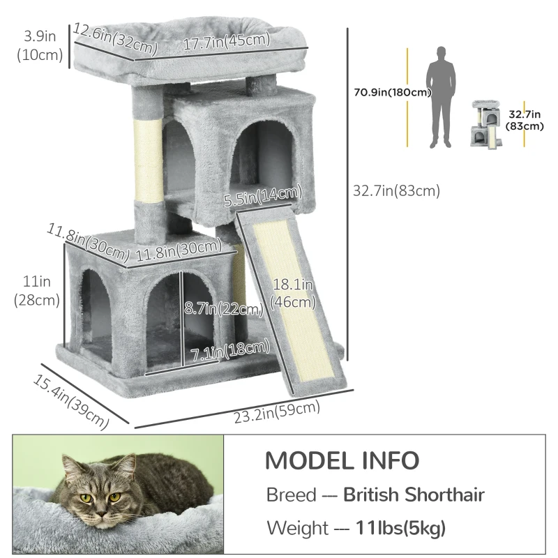 PawHut Plush Cat Tree Tower Activity Center with Sisal Scratching Post Scratching Board Perch Condo, Light Grey
