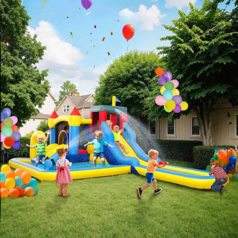 Qaba 6 in 1 Inflatable Water Slide Park with Splash Pools, 2 Slides, Trampoline, Climbing Wall, Cannon, Basketball Hoop