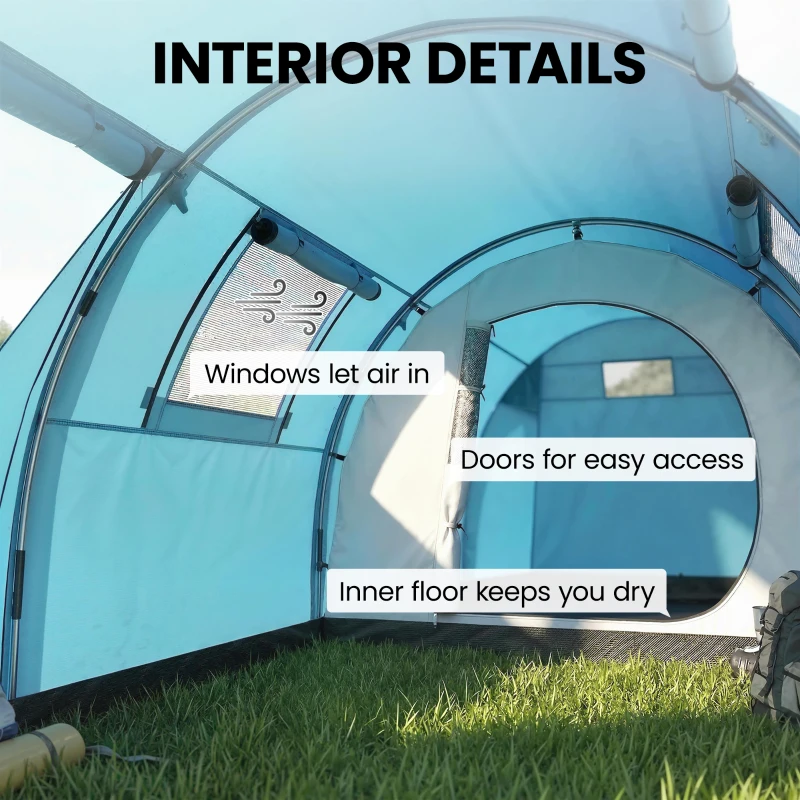 Outsunny 3-4 Person Camping Tent with 2 Rooms, 3000mm Waterproof Portable Family Tent with Carry Bag, Sky Blue