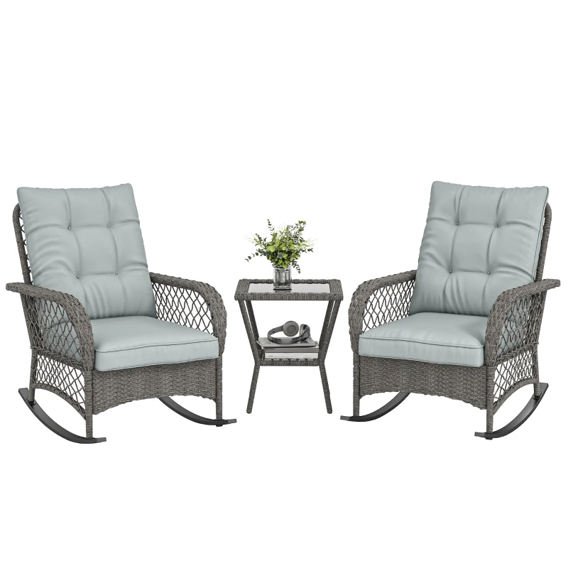 Outsunny Rocking Bistro Set, 3 Piece Wicker Patio Furniture with High Back Rocking Chairs and 2-Tier Glass Table, Light Grey