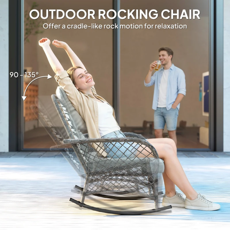 Outsunny Rocking Bistro Set, 3 Piece Wicker Patio Furniture with High Back Rocking Chairs and 2-Tier Glass Table, Light Grey