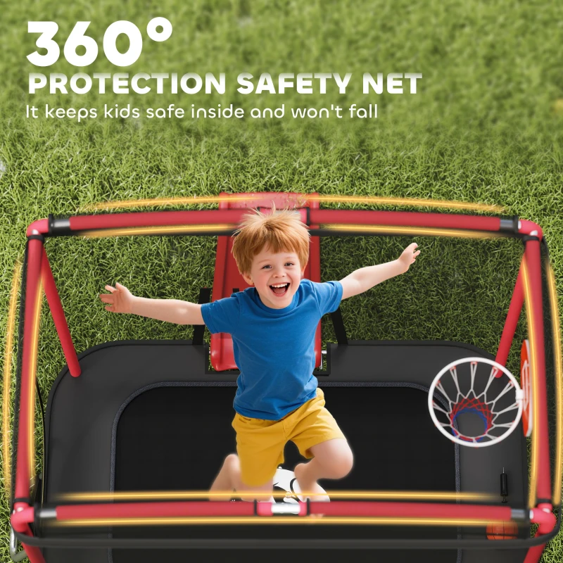 Qaba 4 x 6FT Trampoline for Kids Indoor & Outdoor with Slide, Swing, Basketball Hoop and Safety Enclosure, Red