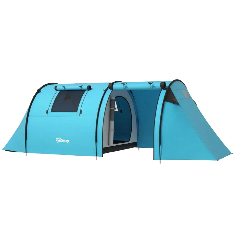 Outsunny 3-4 Person Camping Tent with 2 Rooms, 3000mm Waterproof Portable Family Tent with Carry Bag, Sky Blue