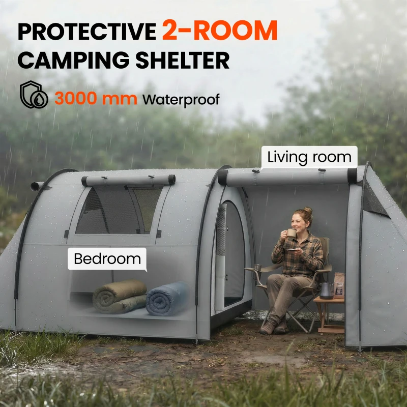Outsunny 3-4 Person Camping Tent with 2 Rooms, 3000mm Waterproof Portable Family Tent with Carry Bag, Grey