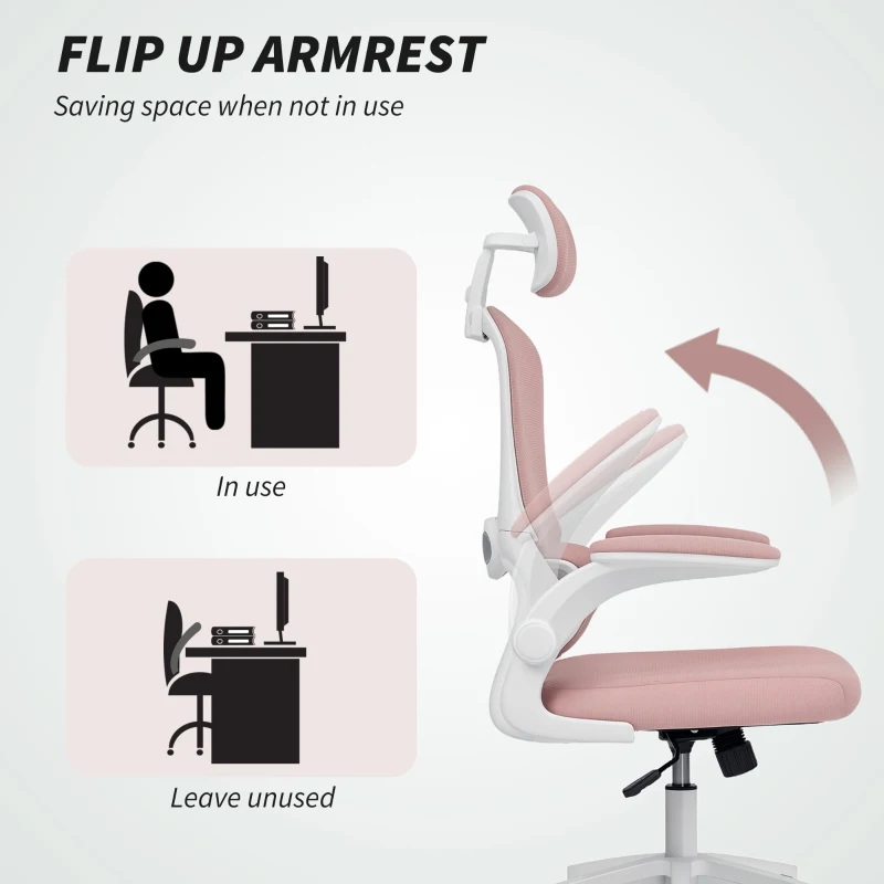 HOMCOM Ergonomic Mesh Office Chair, High Back Desk Chair with Rotatable Headrest, Flip-Up Armrests, Lumbar Support, Pink