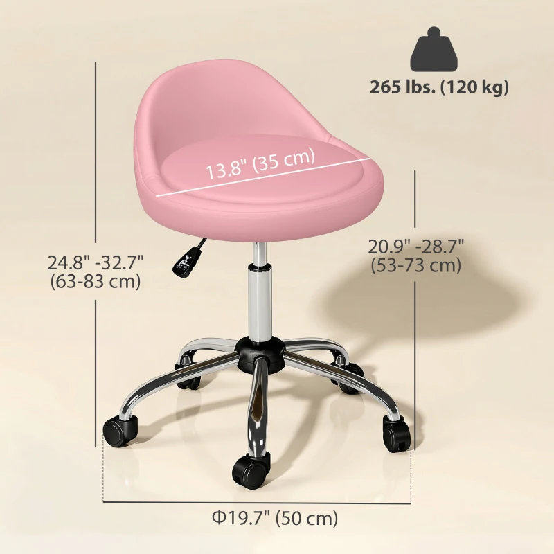 HOMCOM Salon Stool, Adjustable Rolling Stool, Pink