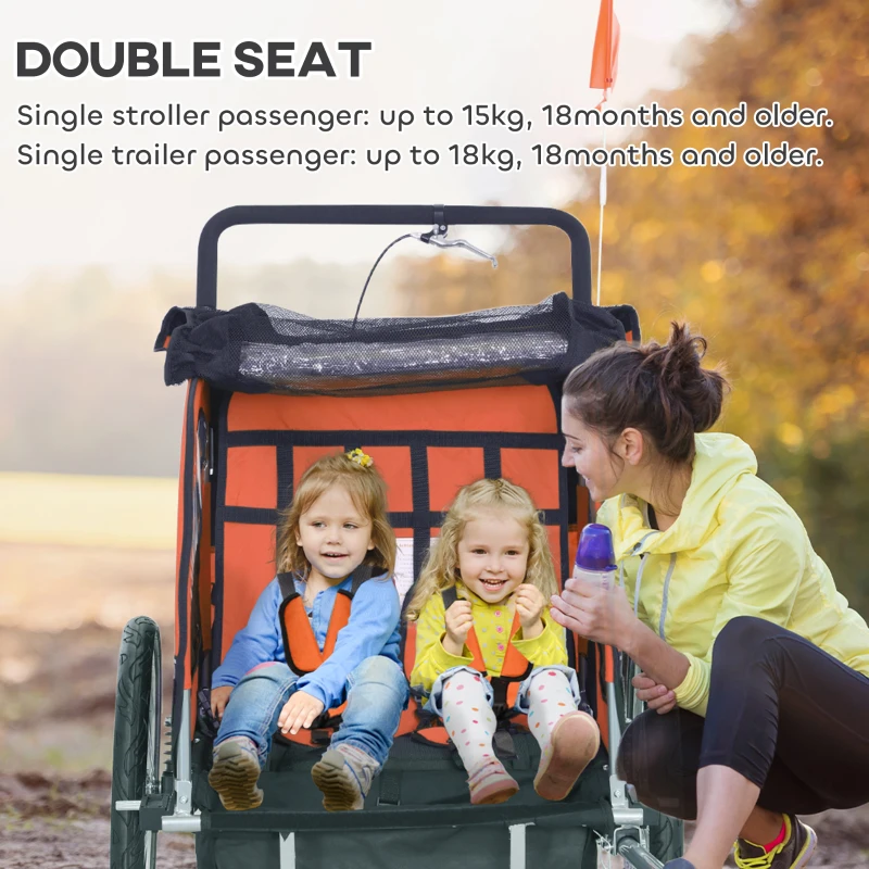 Aosom 2-Seat Elite 360 Swivel Bike Trailer for Kids Bicycle Cargo Trailer with Water-Resistant Windows, Black and Orange