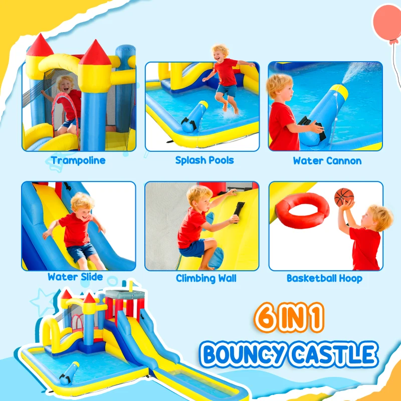 Qaba 6 in 1 Inflatable Water Slide Park with Splash Pools, 2 Slides, Trampoline, Climbing Wall, Cannon, Basketball Hoop