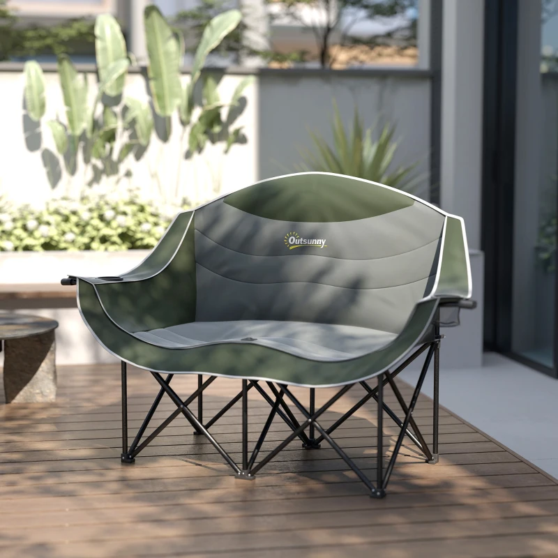 Outsunny Portable Camp Chair, Double Camping Chair with Cup Holders and Carry Bag, Support 551 lbs, Dark Green