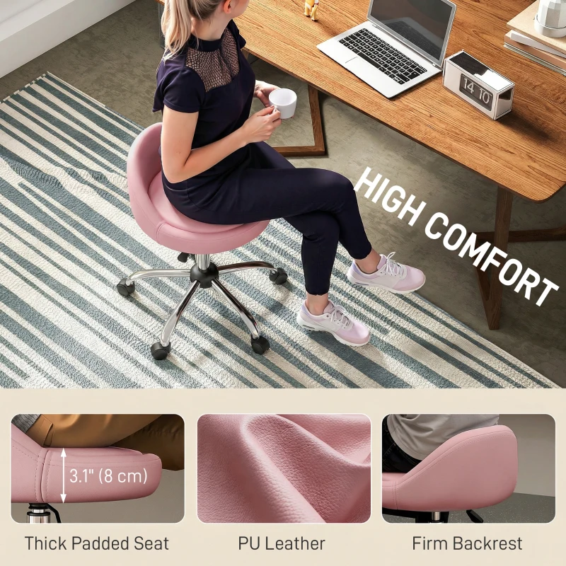 HOMCOM Salon Stool, Adjustable Rolling Stool, Pink