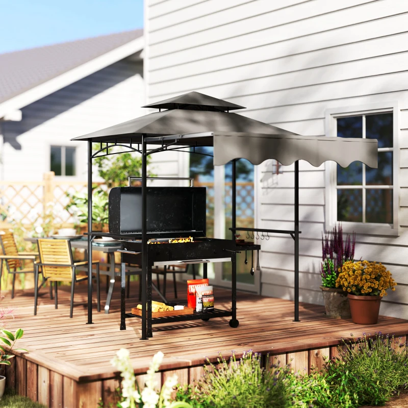Outsunny 8' x 7.6' Grill Gazebo, Double Tiered Barbecue Grill Gazebo Shelter w/ Side Awning, 2 Side Shelves, 6 Hooks, Dark Grey