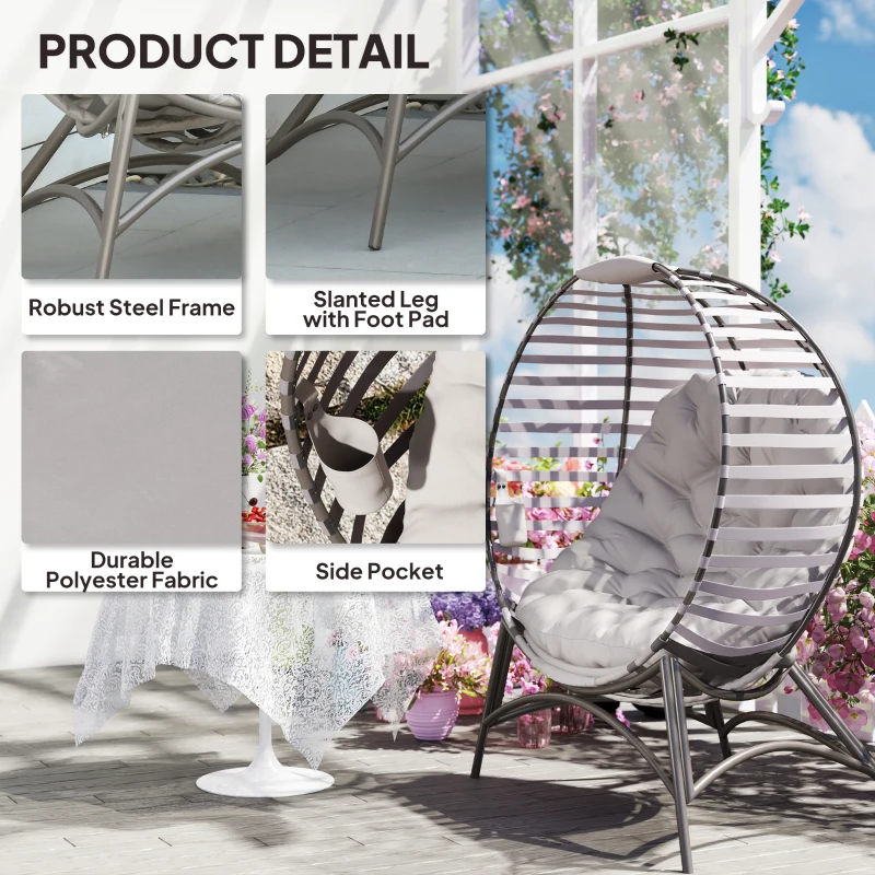 Outsunny Egg Chair, Patio Lounge Chair, Foldable Basket Chair with Large Seat Cushion, Side Pocket, Light Grey