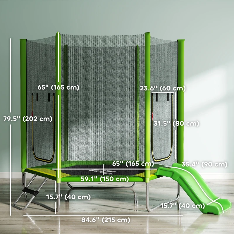 Qaba 85" Trampoline for Kids with Safety Enclosure, Toddler Trampoline with Slide Ladder for Ages 3-6 , Green