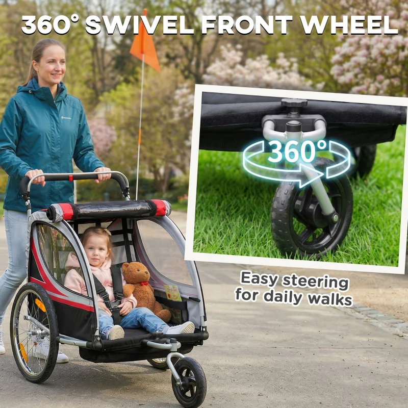 Aosom 2 Seat Bike Trailer for Kids 2-in-1 Double Baby Stroller with Handbrake, Rubber Wheels, 5 Point Harness, Waterproof Cover, Storage Bag, Reflectors, Red
