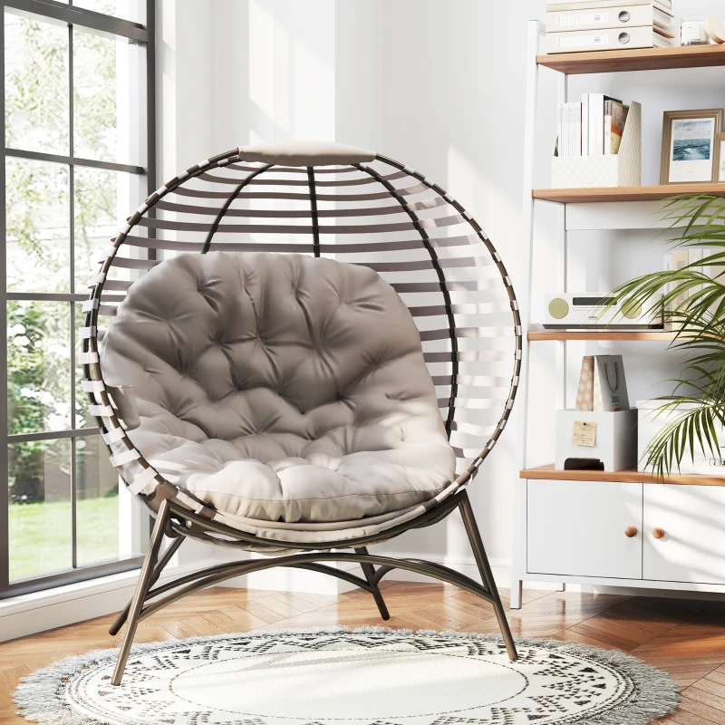 Outsunny Egg Chair, Patio Lounge Chair, Foldable Basket Chair with Large Seat Cushion, Side Pocket, Light Grey
