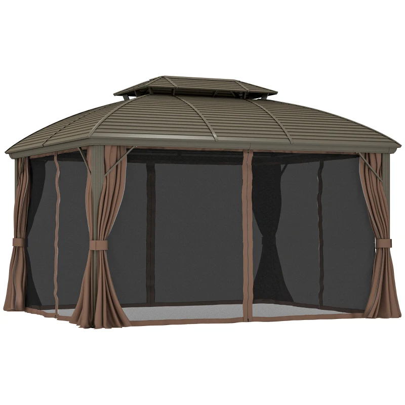 Outsunny 10' x 12' Hardtop Gazebo Canopy with Double Roof, Netting and Curtains for Garden, Backyard, Deck, Coffee