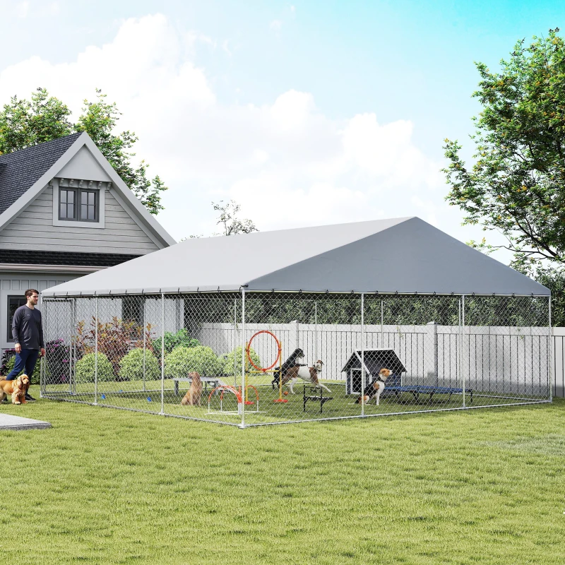 PawHut Heavy Duty Outdoor Dog Kennel with Waterproof Roof, Secure Latch, Chain Link Dog Run for Backyard, 19.7' x 19.7' x 8.9'