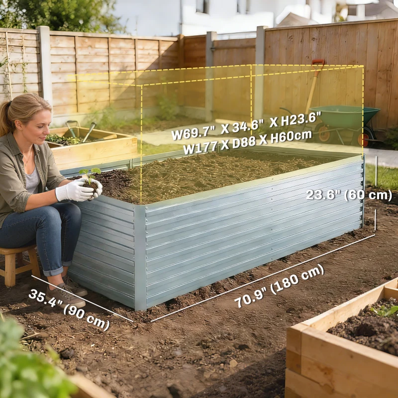 Outsunny Set of 2 Galvanised Raised Garden Bed, 6 x 3 x 2 ft Metal Garden Bed with Safe Edging, Silver