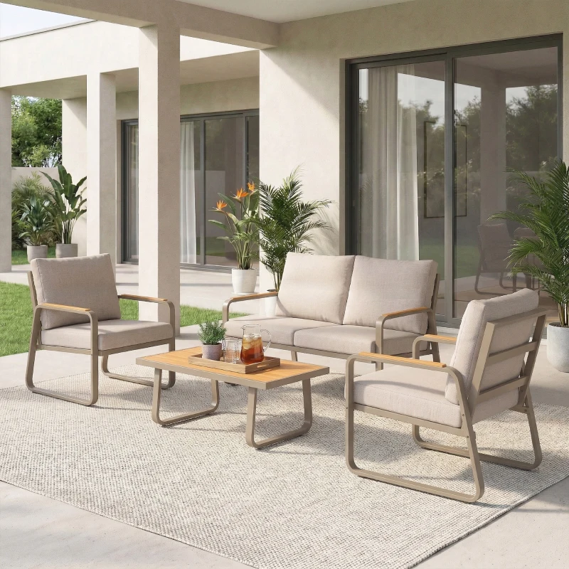 Outsunny 4 Piece Patio Furniture Set, Outdoor Sofa Set with Loveseat, 2 Armchairs, Coffee Table and Cushions