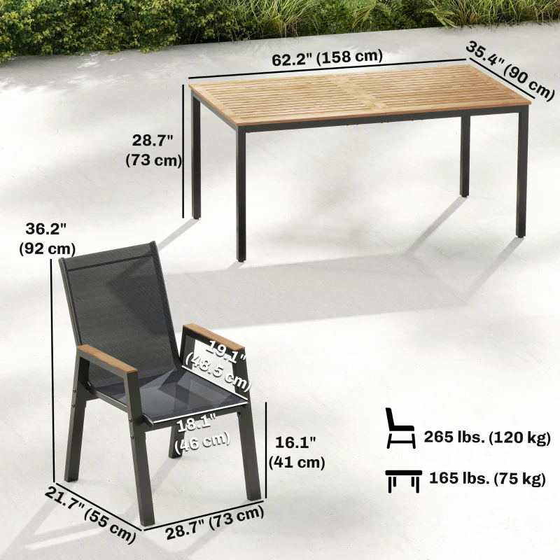Outsunny 7 Piece Outdoor Dining Set, Rectangle Patio Table and 6 Mesh Chairs with Slatted Tabletop for Backyard, Deck, Garden