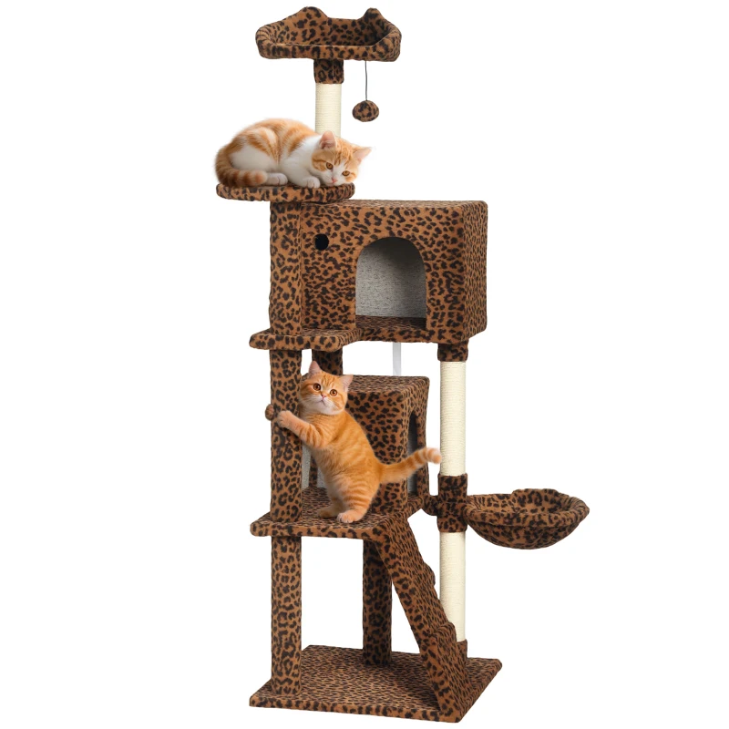 PawHut 63 Inch Cat Tree with Sisal Scratching Posts, Condos, Plush Perches, Hammock, Ladder, Dangling Balls, Leopard Print