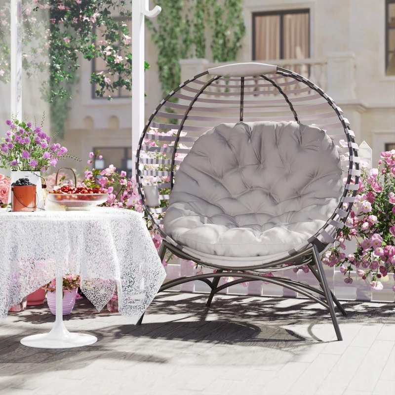 Outsunny Egg Chair, Patio Lounge Chair, Foldable Basket Chair with Large Seat Cushion, Side Pocket, Light Grey