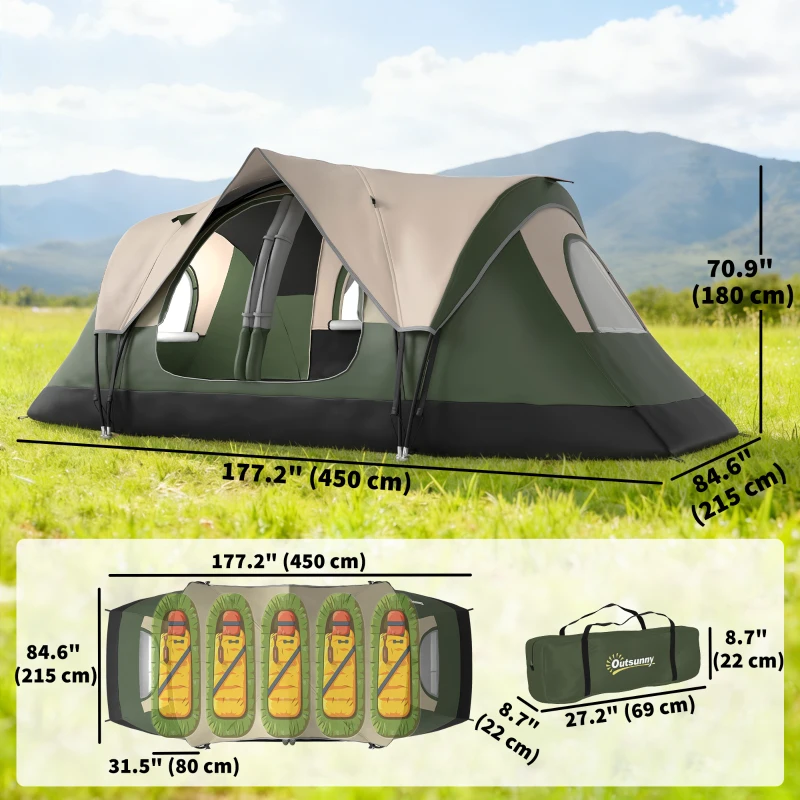 Outsunny Camping Tent for 6-8 Man with 2000mm Waterproof Rainfly and Carry Bag for Fishing Hiking Festival, Dark Green