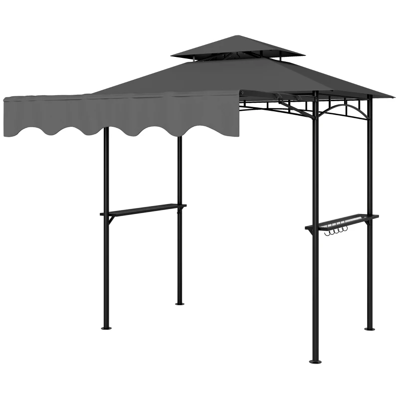 Outsunny 8' x 7.6' Grill Gazebo, Double Tiered Barbecue Grill Gazebo Shelter w/ Side Awning, 2 Side Shelves, 6 Hooks, Dark Grey
