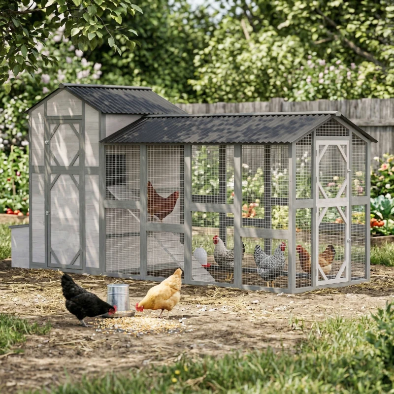 PawHut 147" Extra Large Chicken Coop, Wooden Hen House for 8-10 Hens, Outdoor Chicken House Poultry Hutch with Run, Gray