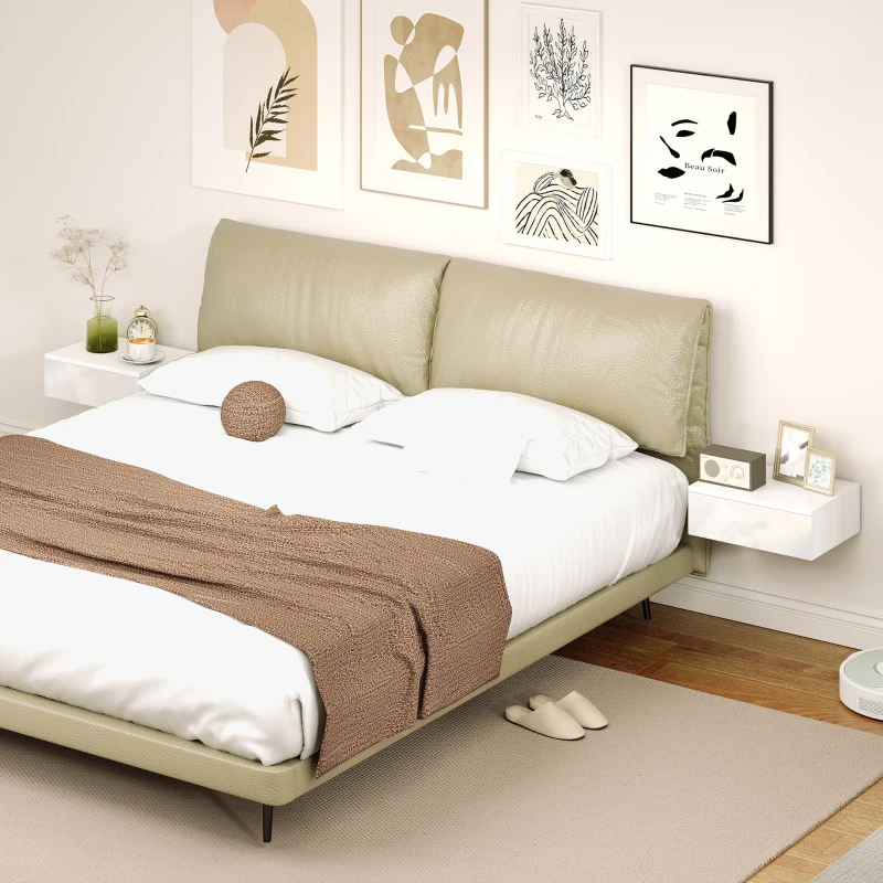 HOMCOM Set of 2 Wall Mounted Bedside Tables, Floating Nightstands with Drawer for Bedroom, White