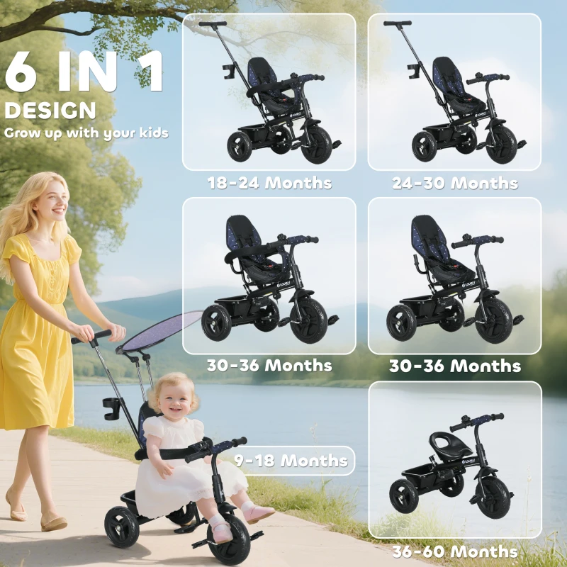 Qaba 6 in 1 Kids Tricycle with Removable Handlebar and Canopy, Navy Blue