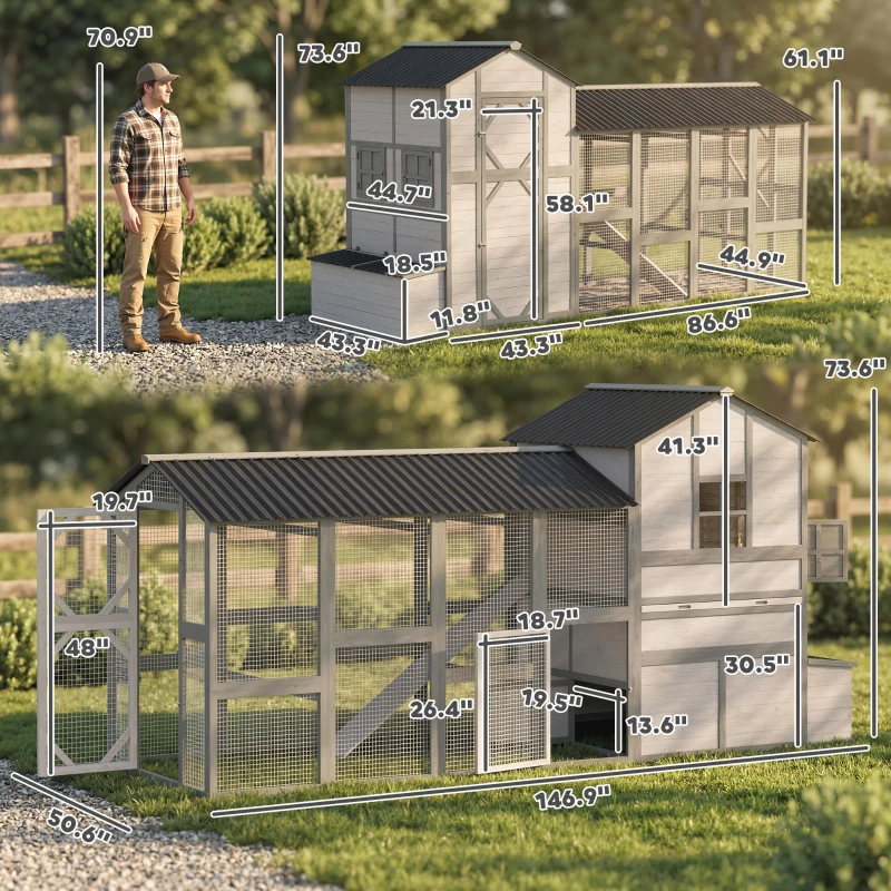 PawHut 147" Extra Large Chicken Coop, Wooden Hen House for 8-10 Hens, Outdoor Chicken House Poultry Hutch with Run, Gray
