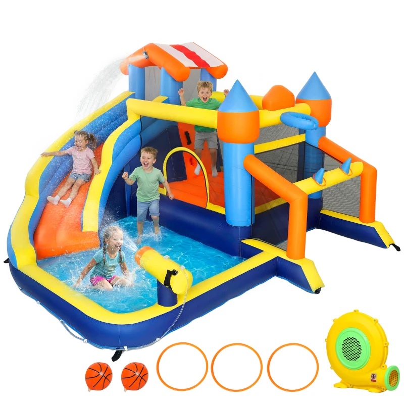 Qaba Bouncy Castle for Kids, Inflatable Bounce House with Slide, Pool (Ball Pit), Climbing Wall and Blower for Indoor Outdoor