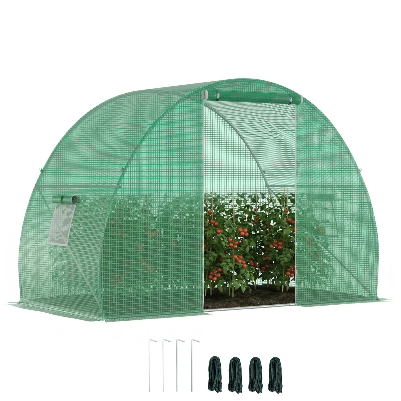Outsunny 5'x10'x7' Tunnel Greenhouse Outdoor Walk-In Hot House with Roll-up Windows and Zippered Door, Steel Frame, PE Cover, Green