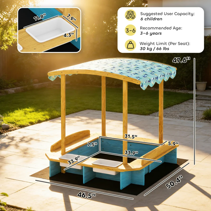 Qaba Wooden Sandbox with Dinosaur Print Canopy Kids Sandbox Outdoor with Bench Seats & 2 Storage Bins