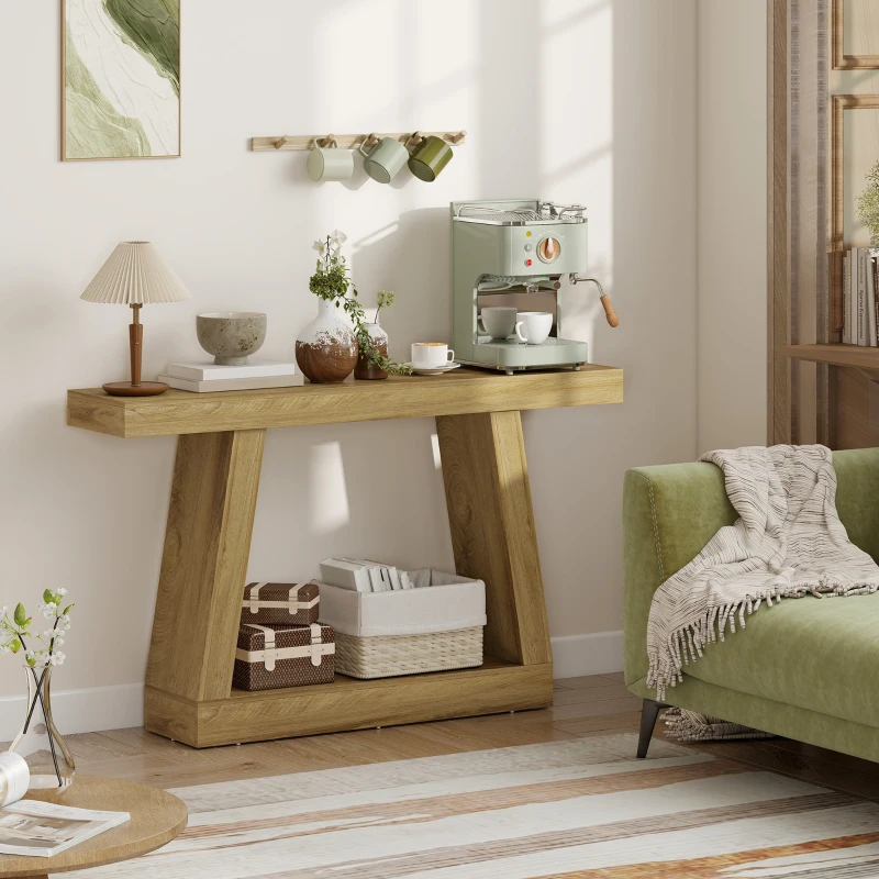 HOMCOM 55" Farmhouse Console Table, 2-Tier Entryway Table with Storage for Hallway, Living Room, Behind Couch,  Oak