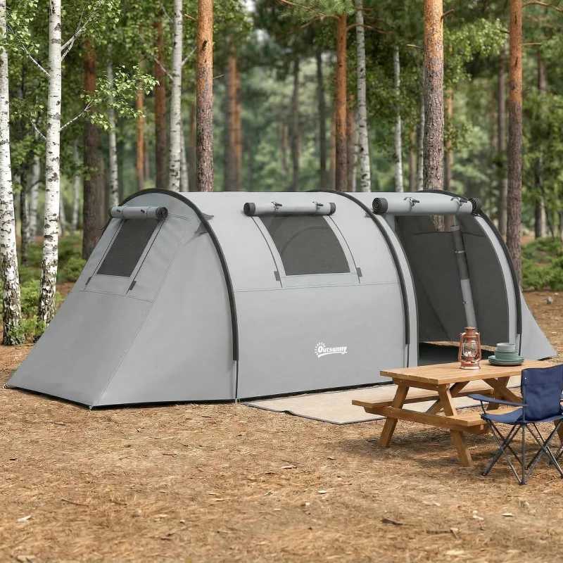 Outsunny 3-4 Person Camping Tent with 2 Rooms, 3000mm Waterproof Portable Family Tent with Carry Bag, Grey