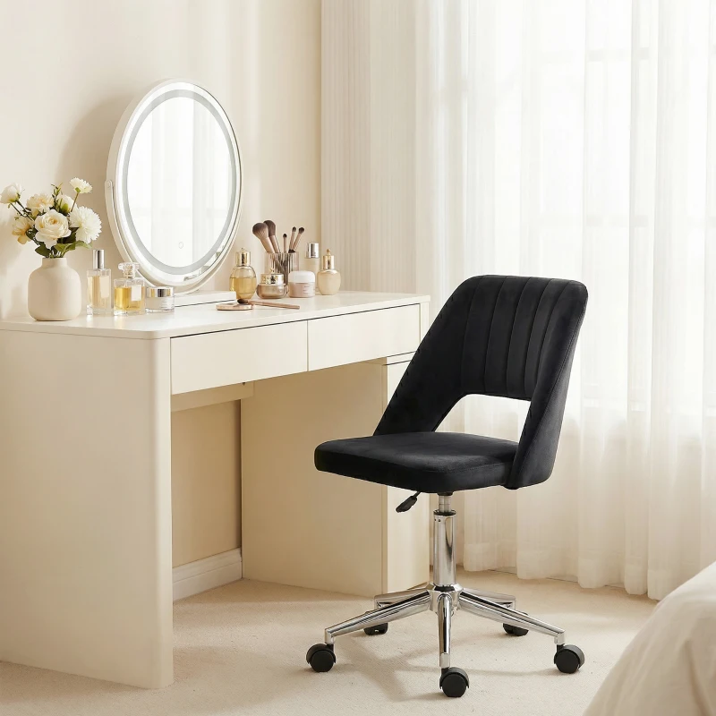 Vinsetto Mid Back Office Chair Velvet Fabric Swivel Scallop Shape Computer Desk Chair, Black