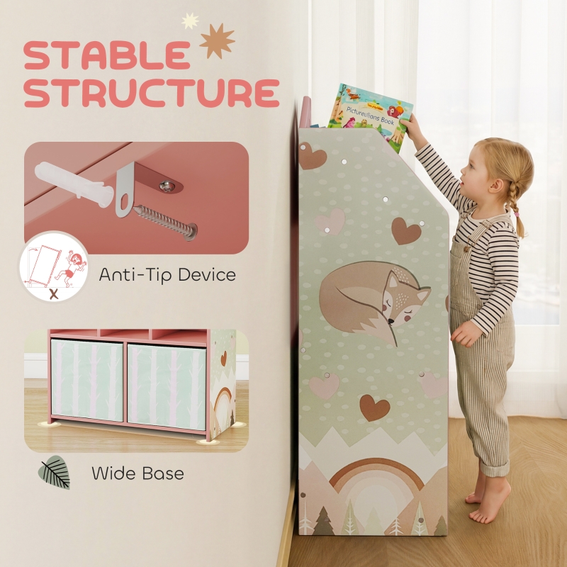 Qaba Kids Bookshelf with Storage, Toy Storage Unit with Book Display, Shelves and Fabric Drawers for Playroom Nursery, Pink