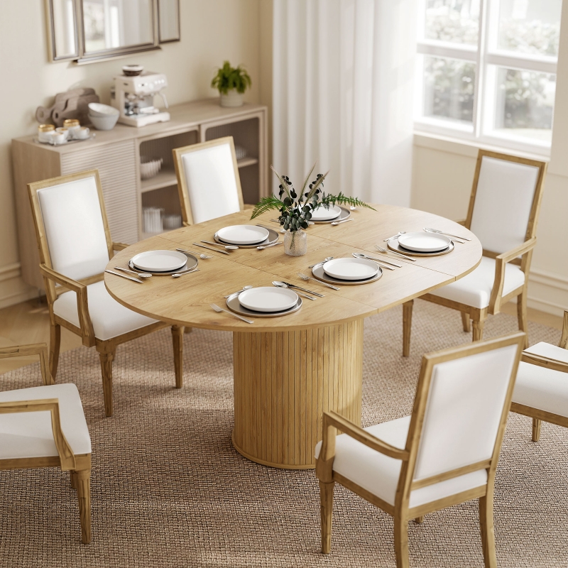 HOMCOM Extendable Kitchen Table for 6-8, 43.5"-59" Farmhouse Dining Table with Pedestal Base Natural Wood Finish
