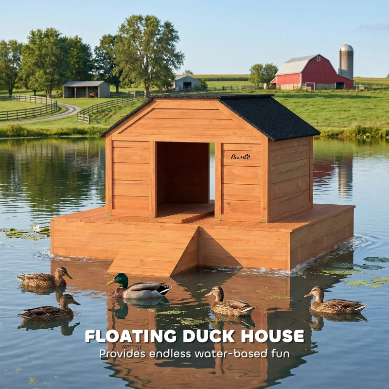 PawHut Floating Duck Coop, Wooden Duck House with Ramp and Waterproof Asphalt Roof, Small Animal House