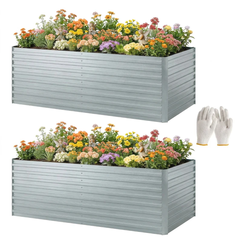 Outsunny Set of 2 Galvanised Raised Garden Bed, 6 x 3 x 2 ft Metal Garden Bed with Safe Edging, Silver