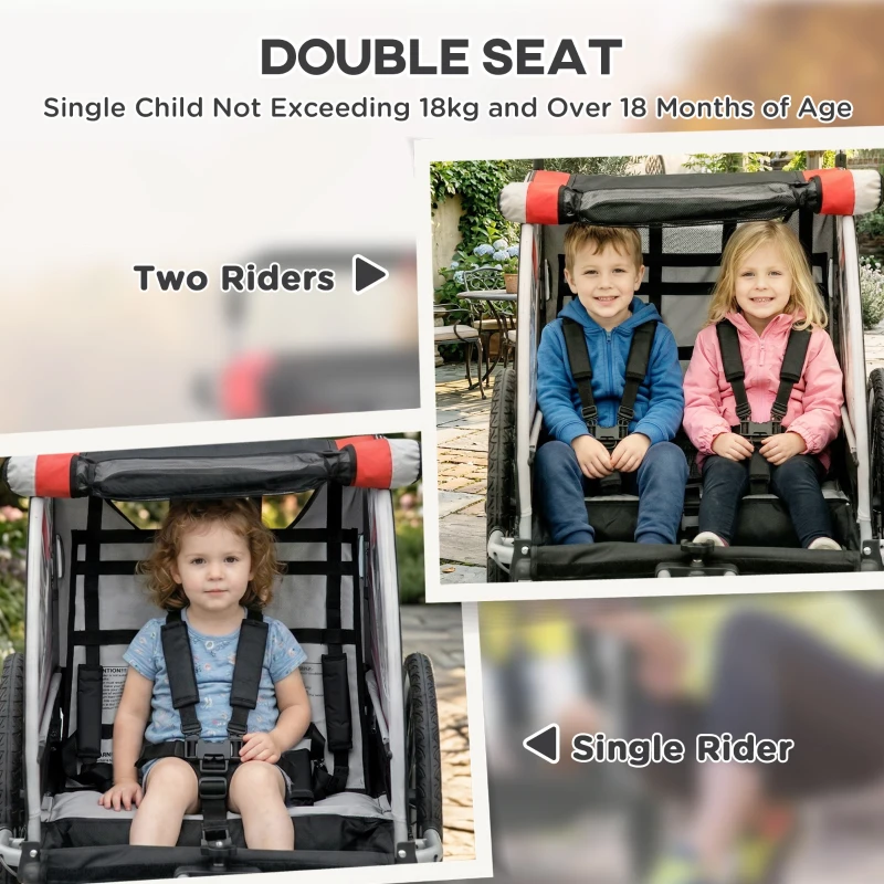 Aosom 2 Seat Bike Trailer for Kids 2-in-1 Double Baby Stroller with Handbrake, Rubber Wheels, 5 Point Harness, Waterproof Cover, Storage Bag, Reflectors, Red