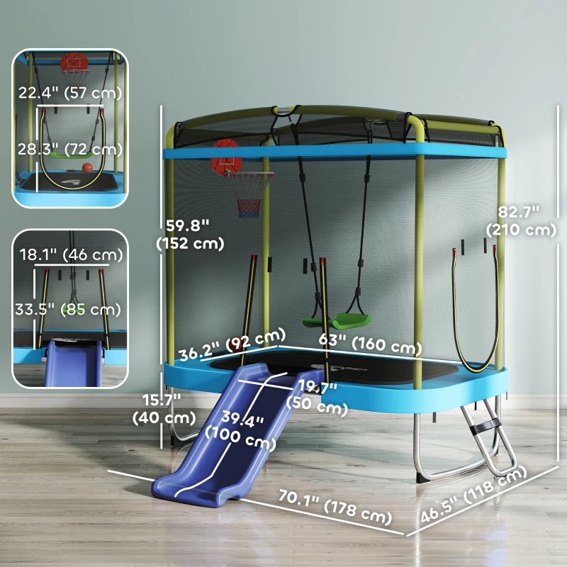 Qaba 70" x 47" Trampoline for Kids Indoor & Outdoor with Slide, Swing, Basketball Hoop and Safety Enclosure, Light Blue