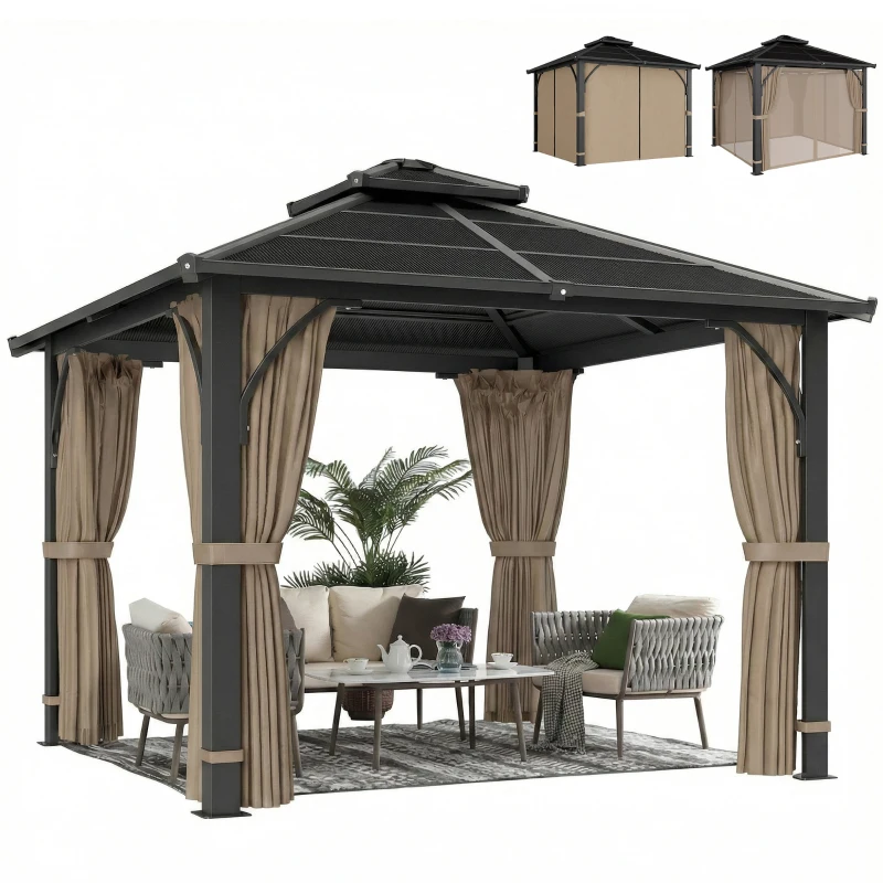 Outsunny 10' x 10' Hardtop Gazebo with 7mm Polycarbonate Double-Tier Roof, Outdoor Gazebo with Netting and Curtains, Khaki