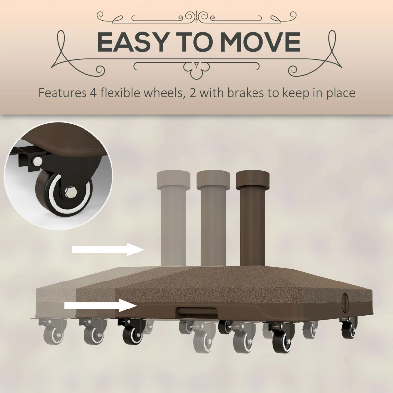Outsunny Square Parasol Base, Portable Umbrella Stand with Wheels, Water or Sand Filled, for Φ0.75" to Φ1.5" Poles, Brown