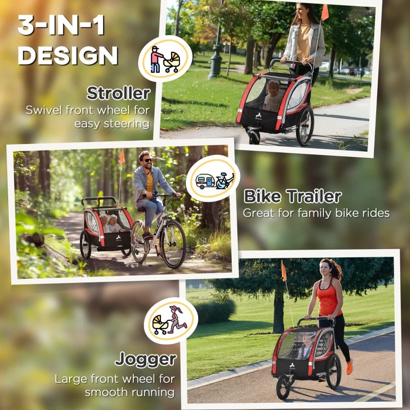Aosom 3-in-1 Bike Trailer for Kids, Running Stroller with 2 Seats, Jogging Cart with 5-Point Harness, Storage Units, Red
